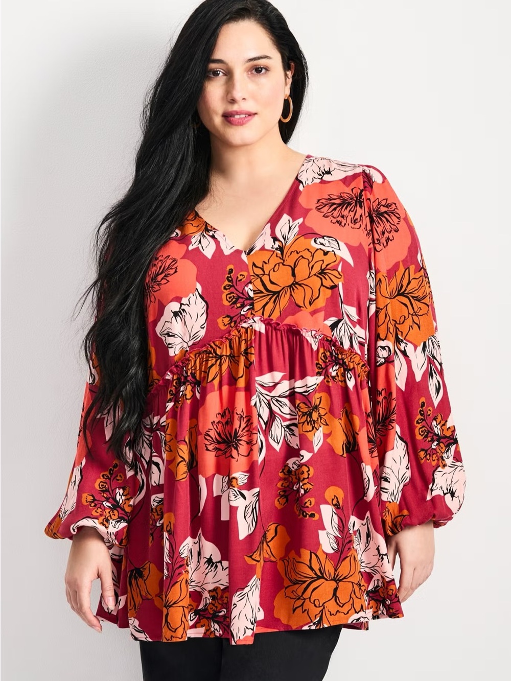 Avenue Plus Size Red and Orange Floral V-Neck Tunic